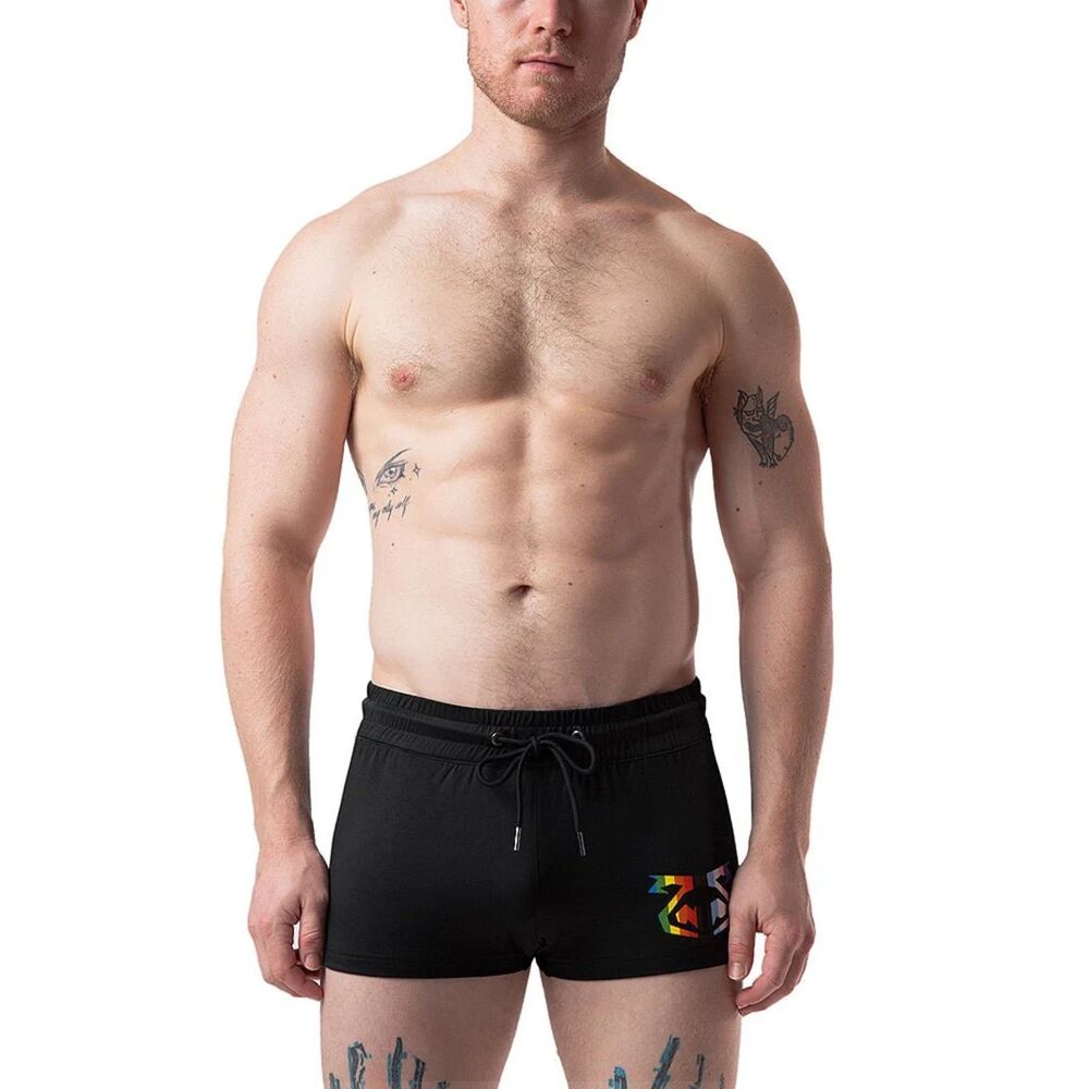Nasty Pig Pride Trunk Shorts Black Rainbow Logo Mesh Circuit 2" Inseam Men's M